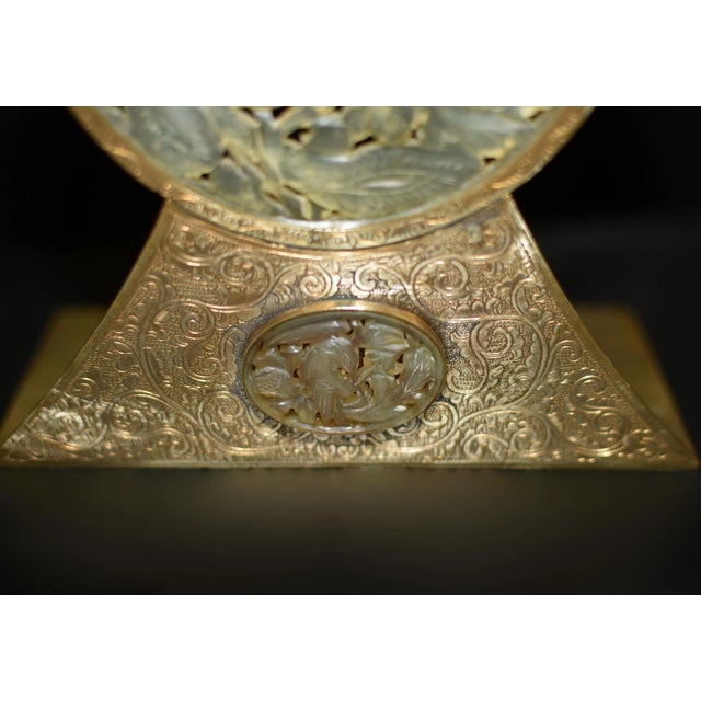 Pair Antique Chinese Serpentine Jade Red Agate Engraved Brass Bookends For Sale - Image 9 of 13