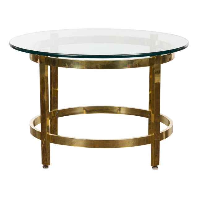 1950s Midcentury Italian Brass Side Table with Round Glass Top For Sale