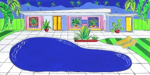 Mountain View - Contemporary Original Fauvist Mid-Century House Garden Landscape Painting by Jonjo Elliott