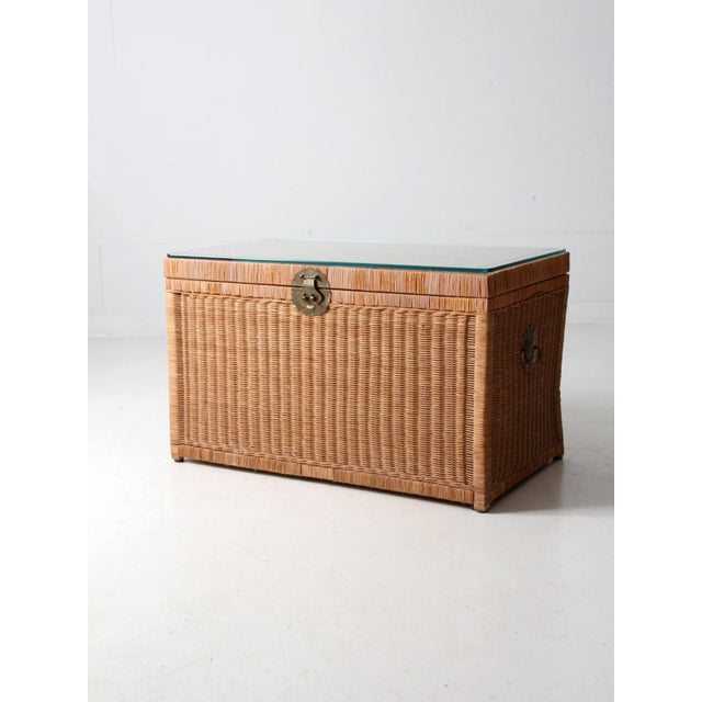 Shabby Chic Vintage Rattan Trunk With Glass For Sale - Image 3 of 12
