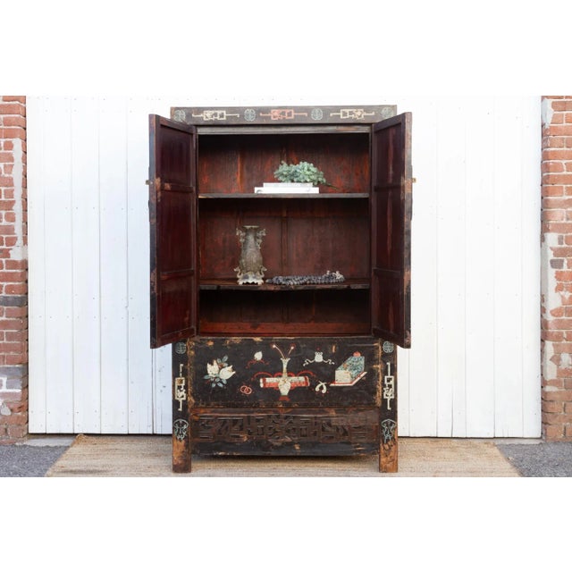 Antique Black & Floral Chinoiserie Armoire For Sale - Image 4 of 11