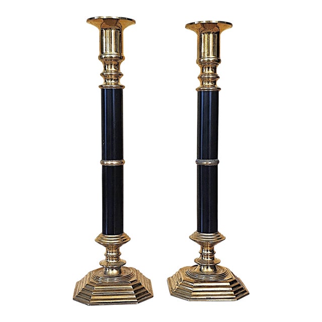 Pair of Vintage Brass & Black Enamel Candlestick Holders For Sale