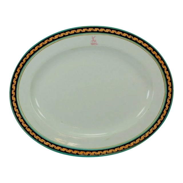 Circa 1865 Civil War Era White Ironstone Armorial Platter Stag Crest, English For Sale