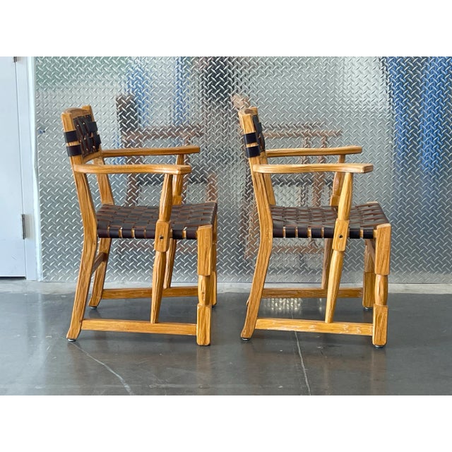 Mid-Century Modern Vintage Mid-Century Ranch Oak Leather Strapped Arm Chairs - A Pair For Sale - Image 3 of 11