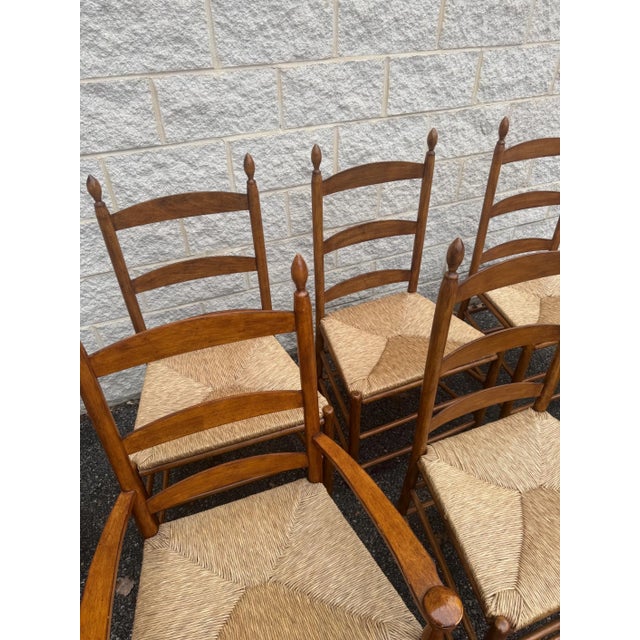 Brown Mid 20th Century Set of 6 Rustic Style Beech Ladder Back Dining Chairs With Rush Seats For Sale - Image 8 of 11