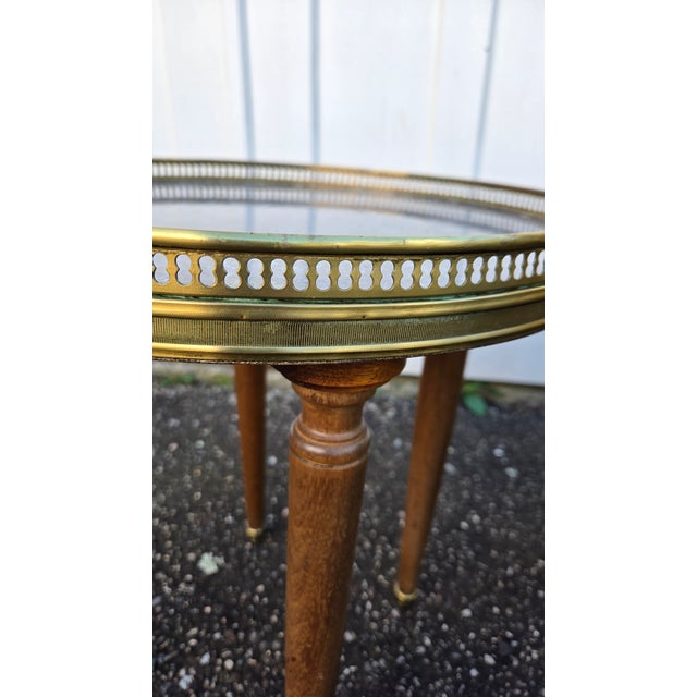 Wood Vintage French Louis XVI–Style Marble-Top Side Tables With Pierced Brass Galleries — A Pair For Sale - Image 7 of 18