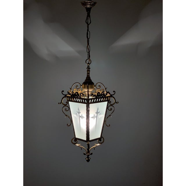 1950s Brass & Etched Glass Cross Lantern For Sale - Image 10 of 11