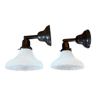 Clamshell and Beaded Milk Glass Wall Sconces Original Painted Brass Wall Sconces on Original Brass Circa 1920’s For Sale