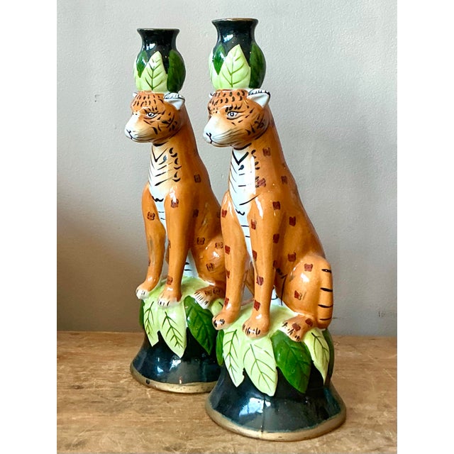 Vintage Boho Glazed Ceramic Tiger Candlesticks - A Pair For Sale - Image 9 of 11