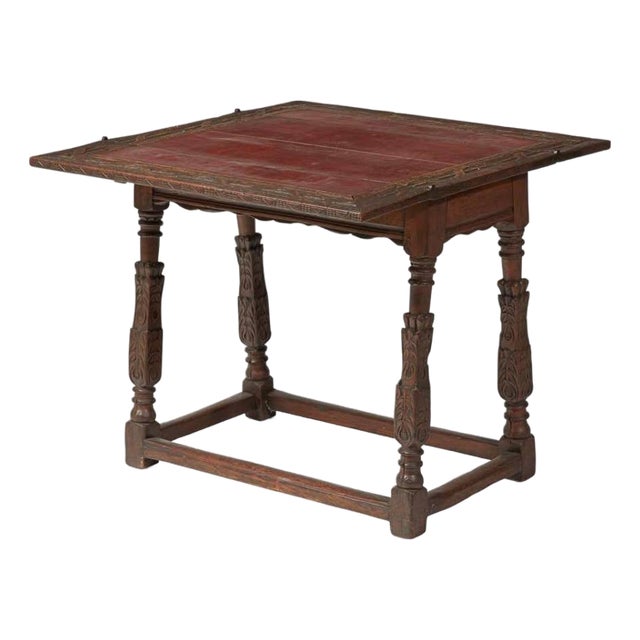 Antique Baroque Revival Carved Oak Flip-Top Games / Writing Table With Leather Inset For Sale
