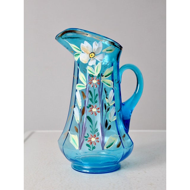 Antique Blue Hand-Painted Glass Pitcher and Tumbler Set For Sale - Image 4 of 14