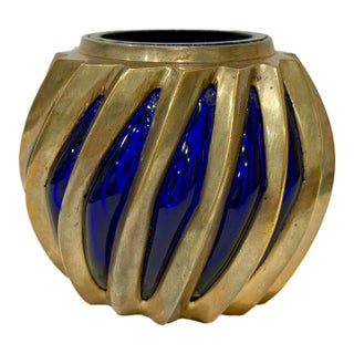 Brutalist Brass Caged Cobalt Glass Twisted Swirl Tea Light Holder MCM Vintage For Sale