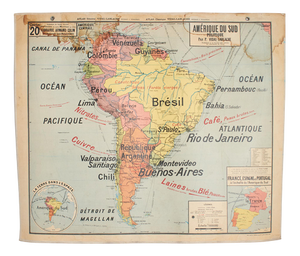 Antique French Wall Map of South America by Vidal Lablache, 1960s