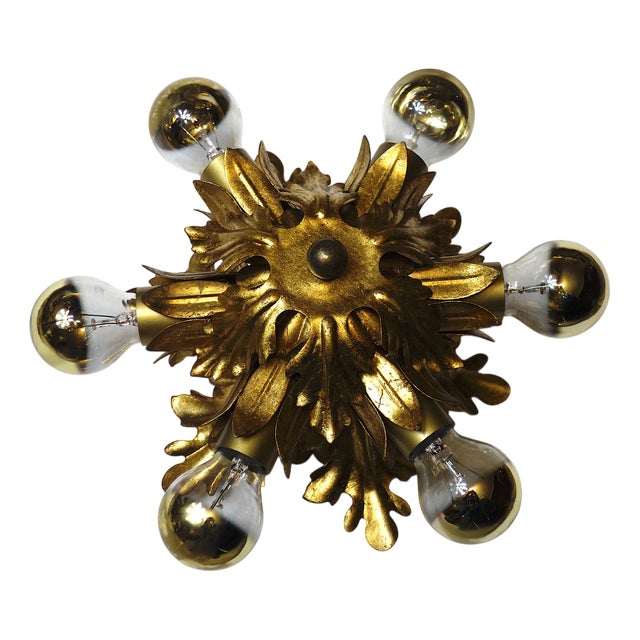 Gold Plated Metal Flowers with Leaves Chandelier 6 Lights from Banci Firenze, 1970s For Sale