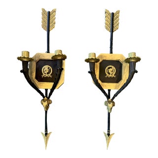 Pair of Roman Neoclassical Gilt and Bronze Candle Sconces With Arrow Motif For Sale