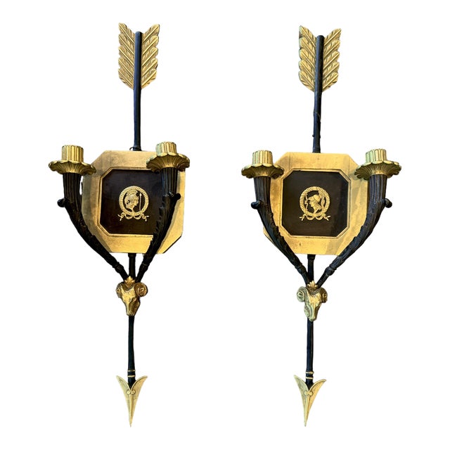 Pair of Roman Neoclassical Gilt and Bronze Candle Sconces With Arrow Motif For Sale