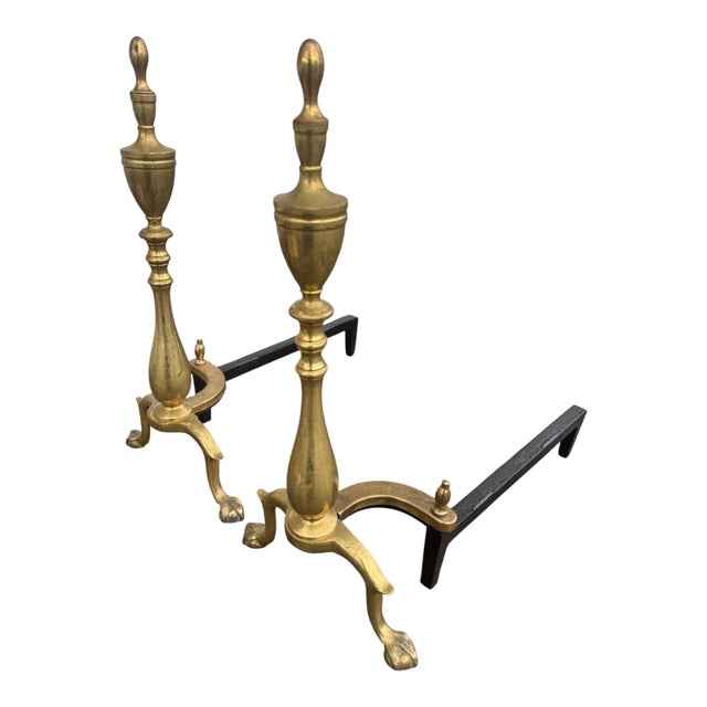 Pair 1920s Antique Brass Andirons Chippendale Claw Ball Feet Fireplace For Sale In Philadelphia - Image 6 of 15