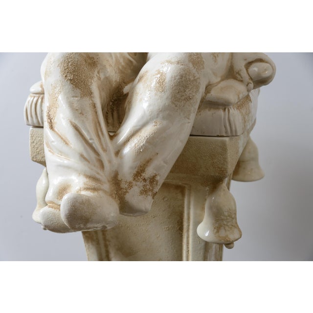 Italian Glazed Terracotta Chinoiserie Monumental Figures on Pedestals For Sale - Image 10 of 16