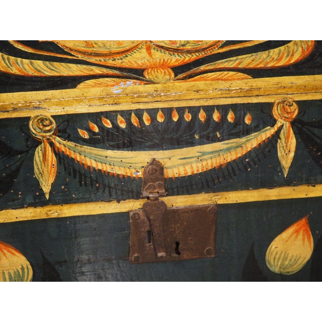 19th Century Hand Painted Polychrome Trunk With Floral Decor, Normandy France For Sale - Image 12 of 18