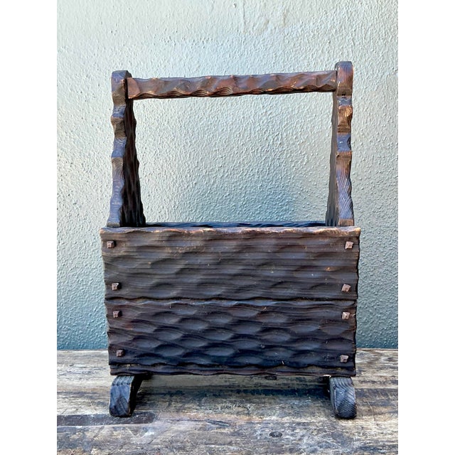 Vintage Carved Pine Wood Basket For Sale - Image 10 of 12