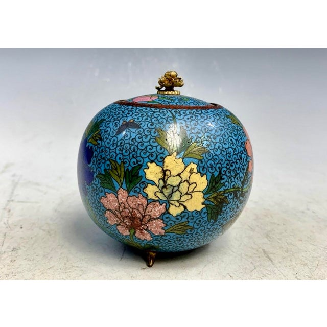 An exquisite antique Japanese cloisonné enamel footed jar (or incense burner/censer) dating from the late Meiji to early...