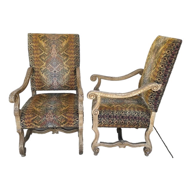 Century Furniture French Louis XIII Os De Mouton Armchairs a Pair For Sale
