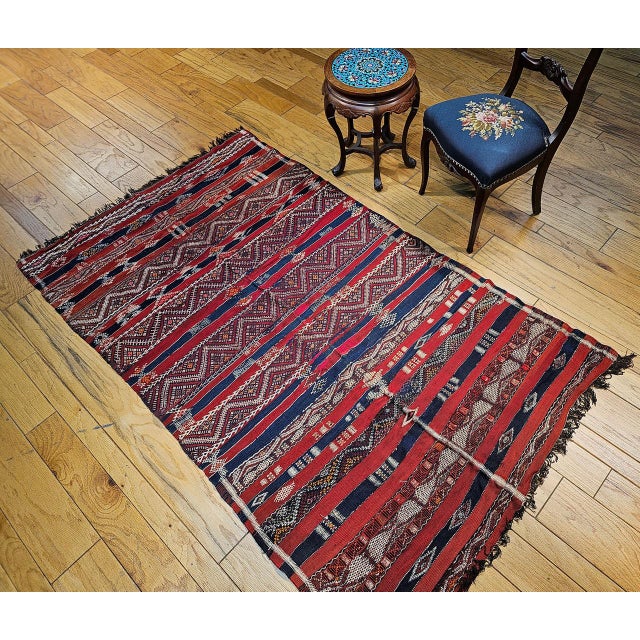 Mid 20th Century Vintage Moroccan Tribal Kilim Rug, Handwoven Wool, Stripe Pattern, Red & Blue, 5x8 For Sale - Image 5 of 18
