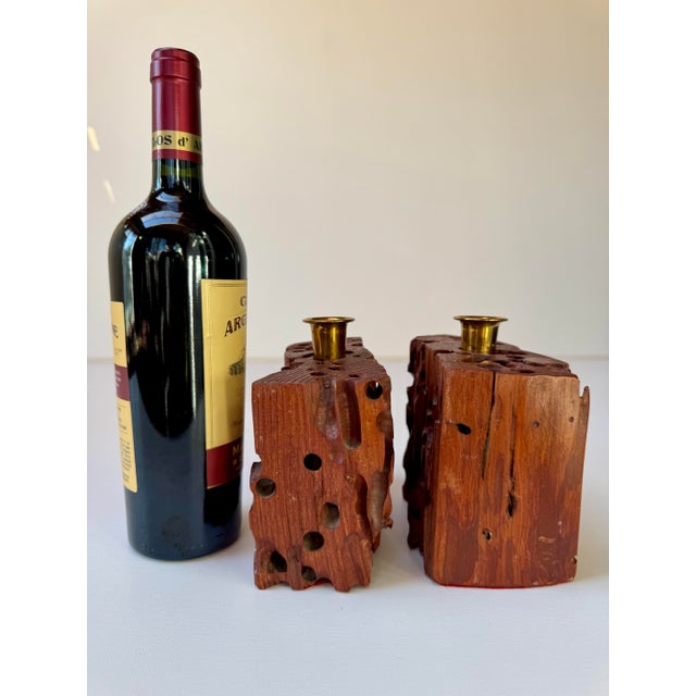 Mid-Century Organic Modern Insect-Eaten Wood Candleholders, Brass Cups, Pair For Sale - Image 13 of 13