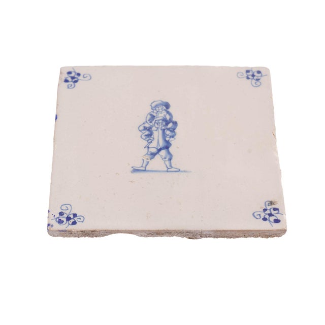 Traditional Pair of Delft Double Figure Faience Tiles in Cobalt Blue, C. 1600’s For Sale - Image 3 of 7