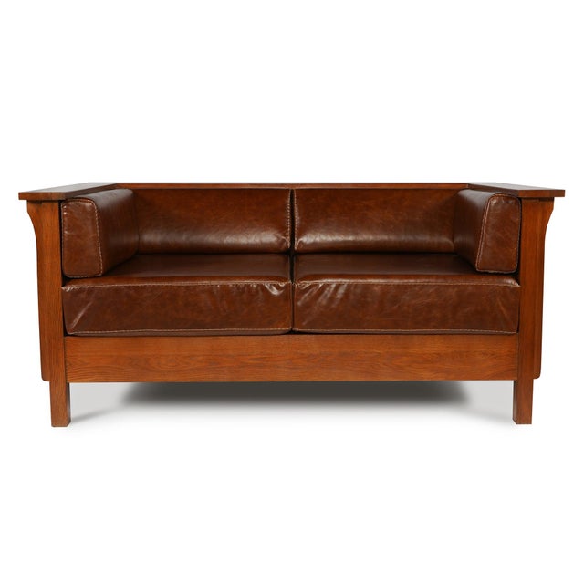 Rustic Craftsman Cubic Panel Side Love Seat - Chestnut Brown Leather For Sale - Image 3 of 7