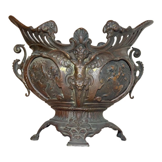 Antique Ornate 1800s Victorian Figural Bronze Centerpiece Jardiniere Planter Pot For Sale