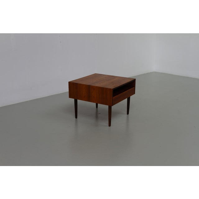 Danish Rosewood Side or End Table with Drawer, 1960s. Scandinavian Mid-Century Modern square side table with large drawer...