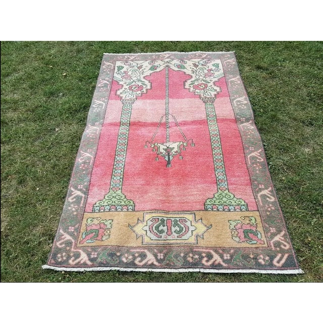 1970s Vintage Handwoven Low Pile Turkish Ushak Rug 3'5'' X 5'4'' For Sale - Image 9 of 9