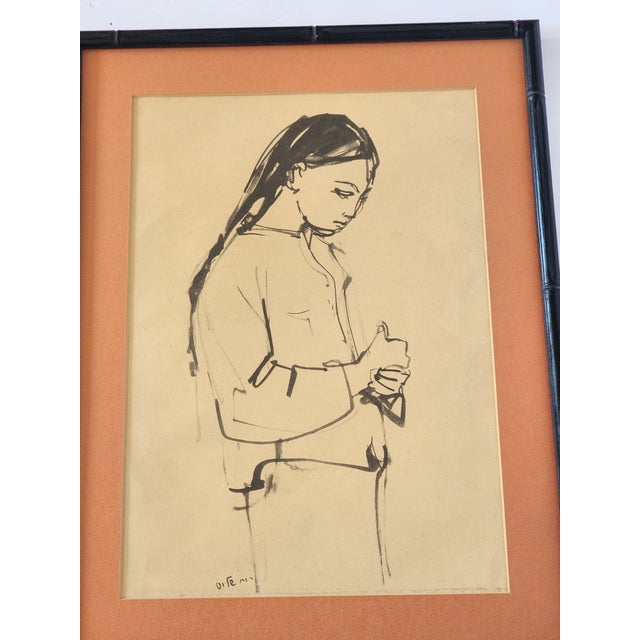Mid-Century Modern Mid Century Ruth Schloss "A Young Girl" Framed Original Drawing For Sale - Image 3 of 10