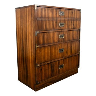 Mid Century Modern Dresser Highboy Kroehler Furniture Walnut 4 Drawer Brass MCM For Sale