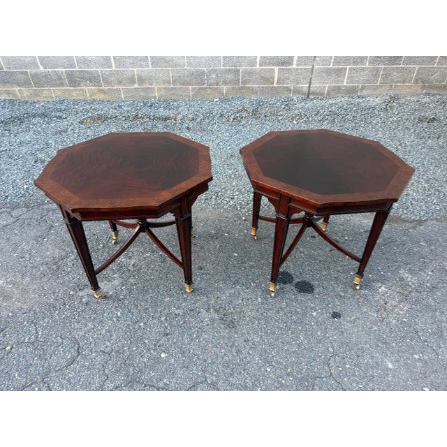 Pair of English Regency Style Inlaid Octagon Side Tables with Casters It features Inlaid Octagonal-shaped top with curved...