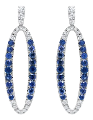 18K White Gold 1.11 Cttw Blue Round Diamond and Blue Sapphire Openwork Oval Shaped Dangle Earrings (