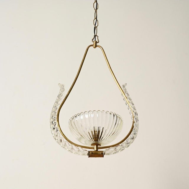 White Murano Glass and Brass Flower Pendant Light from Barovier, Italy, 1940s For Sale - Image 8 of 13