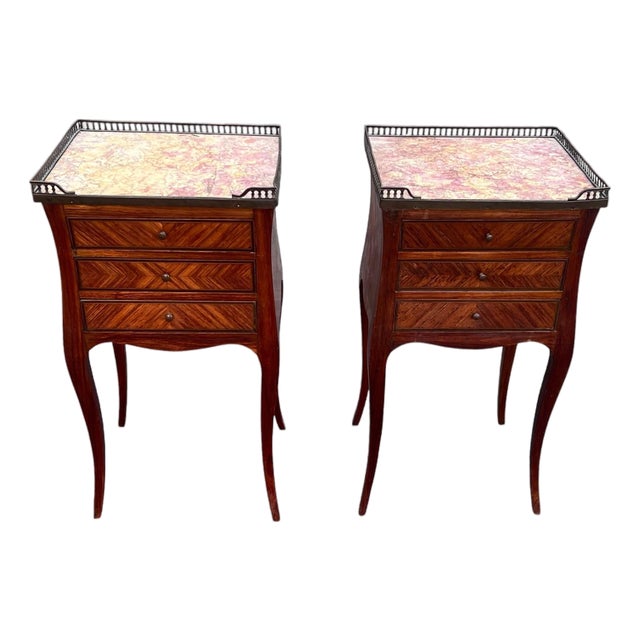 Late 19th Century Marble Top Gallery French Italy 3 Drawer Stands, Pair For Sale