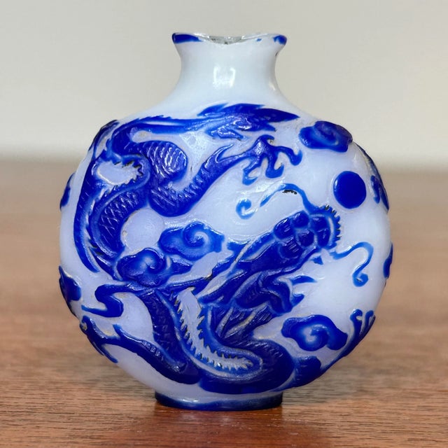 Chinese Early 20th Century Chinese White Peking Glass Blue Overlay Carved Dragon Snuff Bottle For Sale - Image 3 of 10