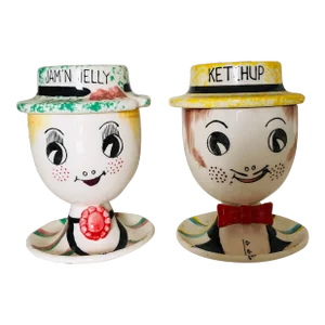 1950's Lego Ceramic Ketchup & Jam'n Jelly Condiment Figurines- a Pair