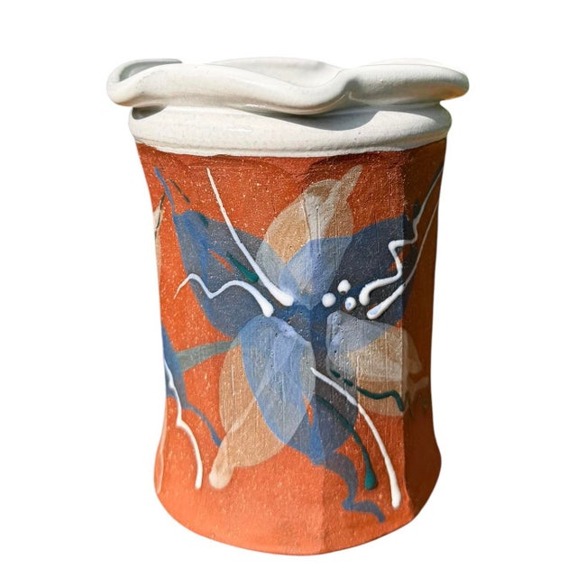 Contemporary Signed 6.5” Terracotta Studio Pottery Vase With Sculptural Wavy Rim For Sale - Image 3 of 10
