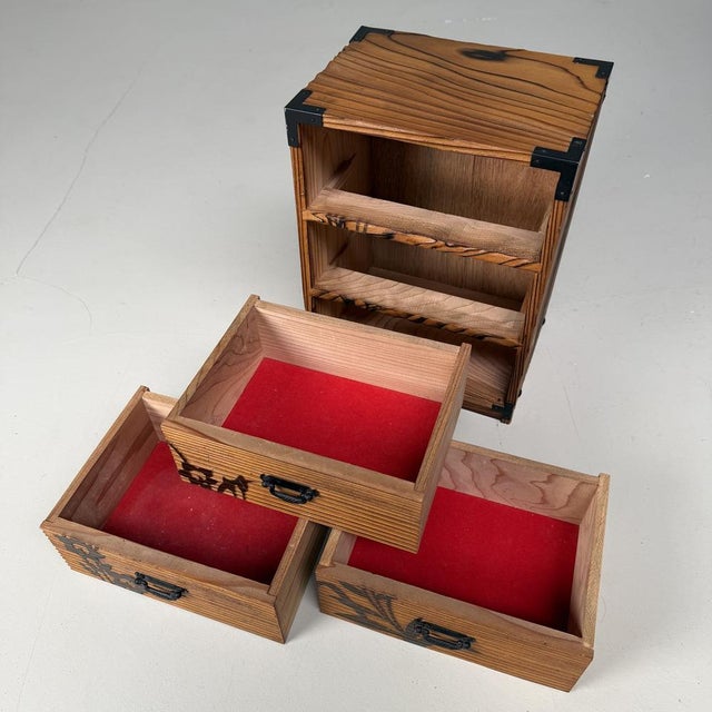 Black Vintage Japanese Sugi Drawer Cabinet with Floral Decor, 1980s For Sale - Image 8 of 10