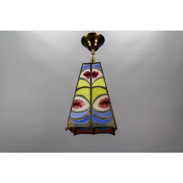 Mid-Century Blue, Yellow and Red Stained Glass Pendant Light, 1970s For Sale - Image 14 of 18