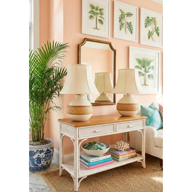 Serena & Lily Vintage Rattan Wrapped Off White Round Boho Ceramic Table Lamps- A Pair For Sale - Image 4 of 7
