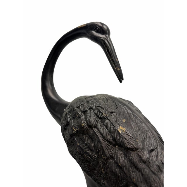 Metal Pair of Vintage Hollywood Regency Dark Patinated Brass Crane Statues For Sale - Image 7 of 8