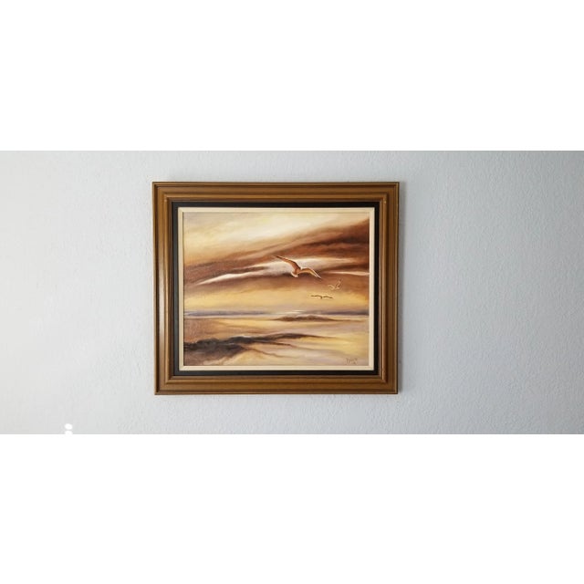 Mid-Century Modern 1974 Nancy Sunset Landscape W/ Flying Birds Abstract Painting For Sale - Image 3 of 11