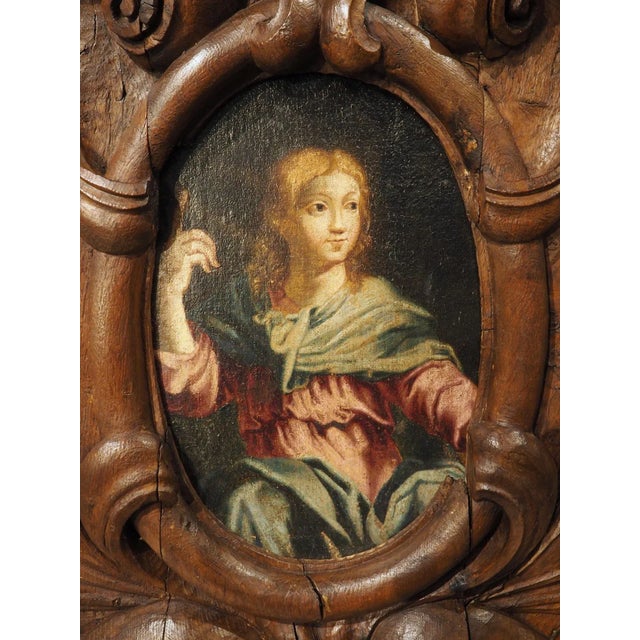 Brown 17th Century French Carved Oak Cartouche Panel With Portrait Painting For Sale - Image 8 of 12