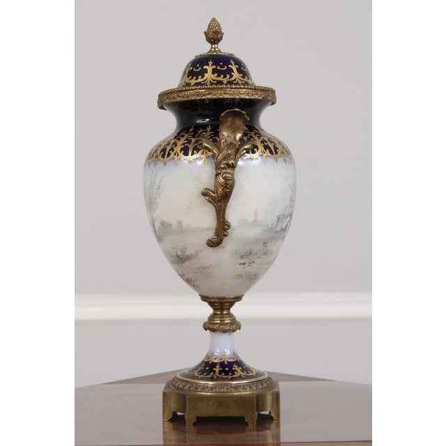 Pair of 1950s Sevres Cobalt Blue Porcelain Painted Urns W. Lids For Sale - Image 4 of 18