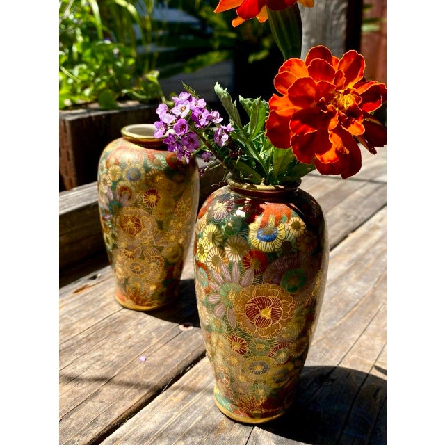 Japanese Early 20th Century Pair Japanese Satsuma Hanazume Miniature Cabinet Vases, Floral Decoration, 5 Inches For Sale - Image 3 of 11